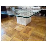 Mid Century Glass Coffee Table on Travertine Base with Stainless Steel Cross Rails - 40 in Square