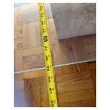 Mid Century Glass Coffee Table on Travertine Base with Stainless Steel Cross Rails - 40 in Square