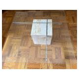 Mid Century Glass Coffee Table on Travertine Base with Stainless Steel Cross Rails - 40 in Square