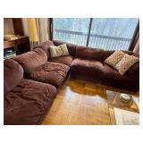 Mid Century Modern 7 Piece Modular Brown Suede L-Shaped Sectional Sofa with Throw Pillows