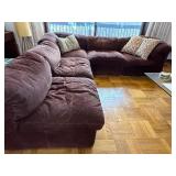 Mid Century Modern 7 Piece Modular Brown Suede L-Shaped Sectional Sofa with Throw Pillows