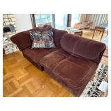 Mid Century Modern 7 Piece Modular Brown Suede L-Shaped Sectional Sofa with Throw Pillows