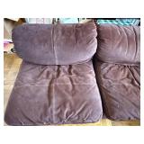 Mid Century Modern 7 Piece Modular Brown Suede L-Shaped Sectional Sofa with Throw Pillows