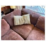 Mid Century Modern 7 Piece Modular Brown Suede L-Shaped Sectional Sofa with Throw Pillows