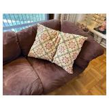 Mid Century Modern 7 Piece Modular Brown Suede L-Shaped Sectional Sofa with Throw Pillows