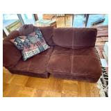Mid Century Modern 7 Piece Modular Brown Suede L-Shaped Sectional Sofa with Throw Pillows