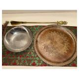 Hand Carved Wood Tray - Silver Tone Bowl - Brass Owl Shoe Horn