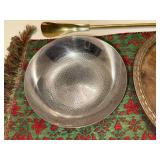 Hand Carved Wood Tray - Silver Tone Bowl - Brass Owl Shoe Horn