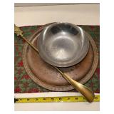 Hand Carved Wood Tray - Silver Tone Bowl - Brass Owl Shoe Horn