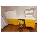 Vintage Murame Finland - Finnish-Made Modular Desk with 3 Yellow Drawer Units, 2 White Cabinet, Yellow Chair & White Shelf