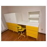 Vintage Murame Finland - Finnish-Made Modular Desk with 3 Yellow Drawer Units, 2 White Cabinet, Yellow Chair & White Shelf