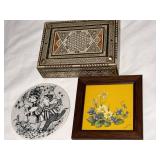 Nymolle Denmark Inlaid Wood Box, Wiinblad Plaque & Framed Yellow Floral Art