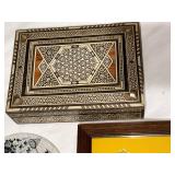 Nymolle Denmark Inlaid Wood Box, Wiinblad Plaque & Framed Yellow Floral Art