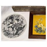 Nymolle Denmark Inlaid Wood Box, Wiinblad Plaque & Framed Yellow Floral Art