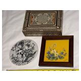 Nymolle Denmark Inlaid Wood Box, Wiinblad Plaque & Framed Yellow Floral Art