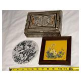 Nymolle Denmark Inlaid Wood Box, Wiinblad Plaque & Framed Yellow Floral Art