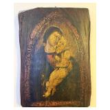 Antique Style Madonna & Child Hand Painted Religious Icon on Carved Wood Panel