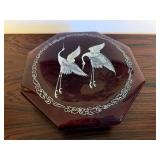 Vintage Burgundy Octagonal Trinket Box with Crane Inlay - Jewelry & Sewing Box