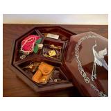 Vintage Burgundy Octagonal Trinket Box with Crane Inlay - Jewelry & Sewing Box