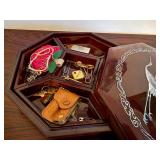 Vintage Burgundy Octagonal Trinket Box with Crane Inlay - Jewelry & Sewing Box