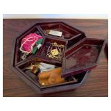 Vintage Burgundy Octagonal Trinket Box with Crane Inlay - Jewelry & Sewing Box