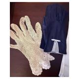 Navy Leather Gloves With White Trim - Ivory Crochet Lace Gloves - White Embroidered Leather Gloves
