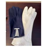 Navy Leather Gloves With White Trim - Ivory Crochet Lace Gloves - White Embroidered Leather Gloves