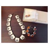 Amber Tone Bracelet & Matching Earrings, Grey/White Tile-Linked Necklace