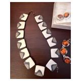 Amber Tone Bracelet & Matching Earrings, Grey/White Tile-Linked Necklace