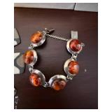 Amber Tone Bracelet & Matching Earrings, Grey/White Tile-Linked Necklace