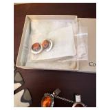 Amber Tone Bracelet & Matching Earrings, Grey/White Tile-Linked Necklace