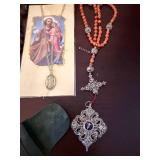 Amber Tone Bracelet & Matching Earrings, Grey/White Tile-Linked Necklace