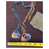 Glass Heart Pendant Necklace Pair - Multicolor Swirl on Cord