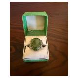 Green Oval Cabochon Ring - 14K Gold Setting with Accent Stones