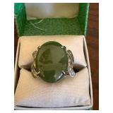 Green Oval Cabochon Ring - 14K Gold Setting with Accent Stones