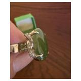 Green Oval Cabochon Ring - 14K Gold Setting with Accent Stones