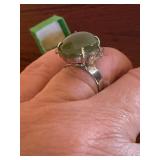 Green Oval Cabochon Ring - 14K Gold Setting with Accent Stones