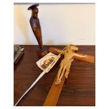 Vintage Honduras 1957 Crucifix & Philippines Praying Figure - Wooden Religious Carvings