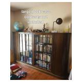 Vintage Walnut Bookcase Cabinet with Glass Doors - Key Included