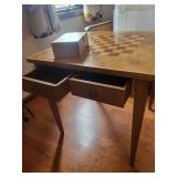 Wooden Chess Table with Inlaid Board and Dual Drawers - Includes Chess Set Box
