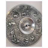 Round Silver-Tone Wall Clock with Hunting Scene Relief