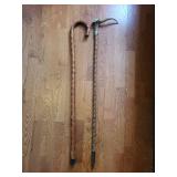Carved Walking Sticks - Crook Handle & Antler-Handled (Lot of 2)