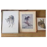 Dog & Hare Art Prints - 3 Framed Vintage Illustrations