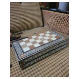 Antique Inlaid Wood Chessboard in Carved Box - 8x8 Travel Chess Set