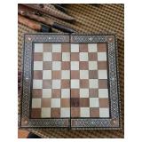 Antique Inlaid Wood Chessboard in Carved Box - 8x8 Travel Chess Set