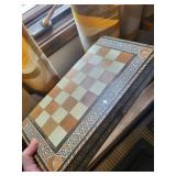 Antique Inlaid Wood Chessboard in Carved Box - 8x8 Travel Chess Set