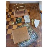 Vintage Brass Desk Set with Letter Rack, Candle Snuffer, Inkwell, 8 Turquoise Ceramic Dishes