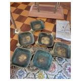 Vintage Brass Desk Set with Letter Rack, Candle Snuffer, Inkwell, 8 Turquoise Ceramic Dishes