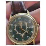 Elk Antler Dial Cross Crest Wristwatch - Brown Leather Strap