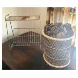 Vintage Two-Tier Wire Dish Rack with Wicker Pinecone Basket